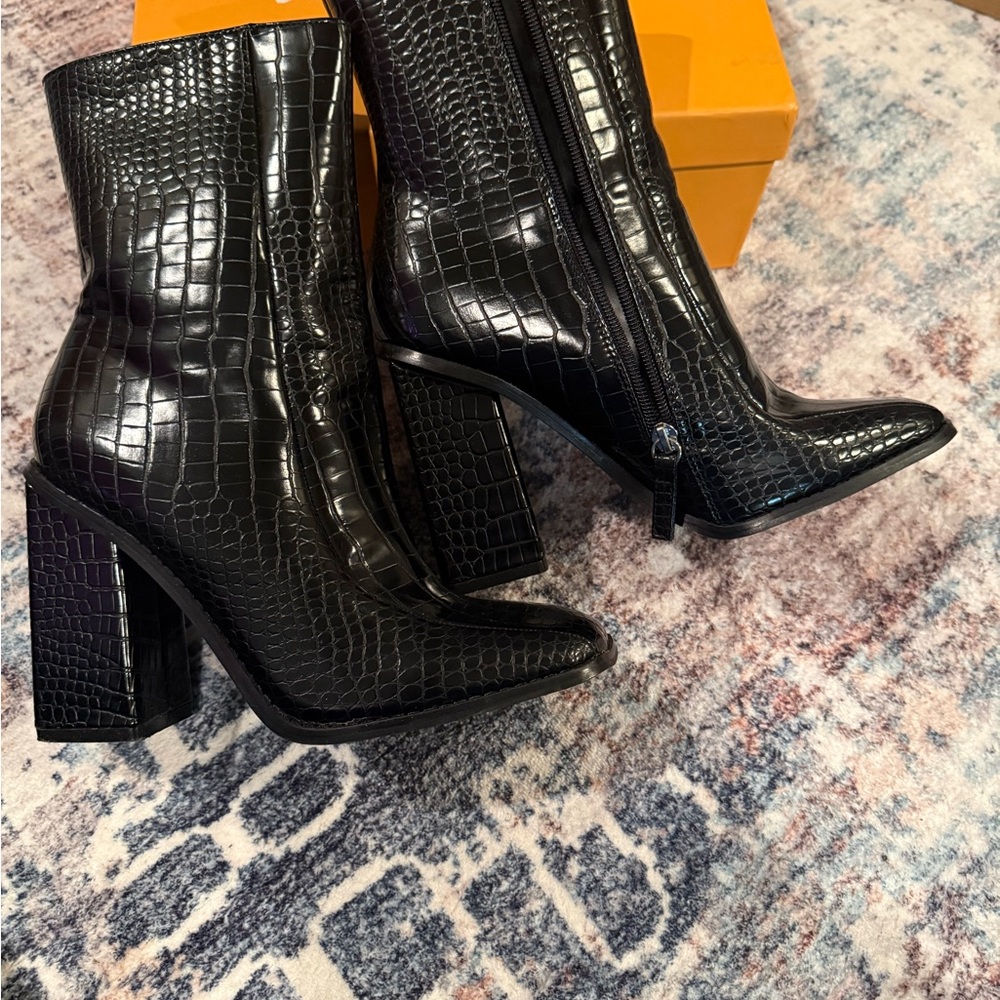 Black Croc-Embossed Ankle Boots